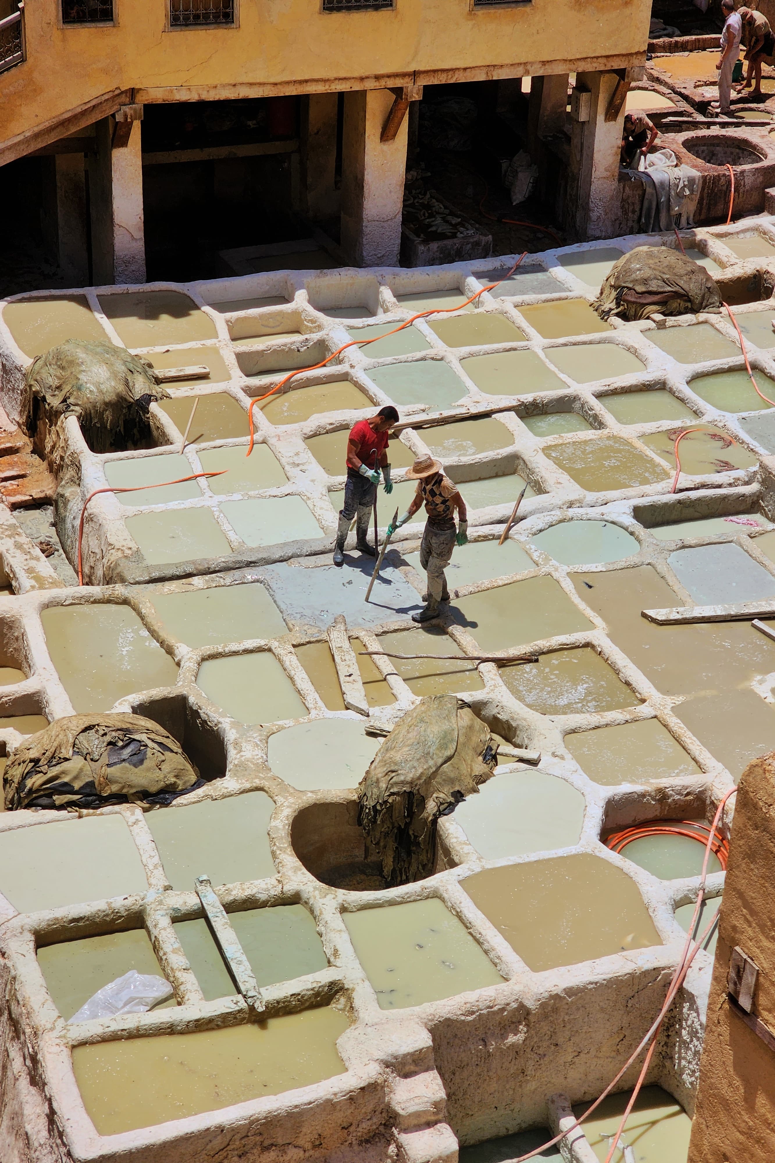 Colorful tannery vats seen from above